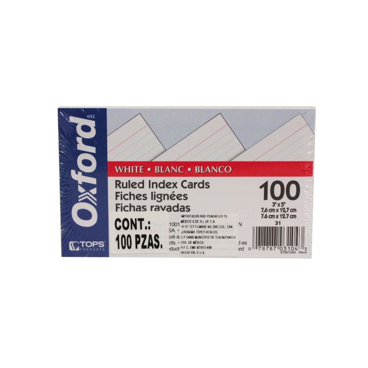 Tarjeta 3x5 Rayada Paquete Con 100 Marca Oxford Tarjetas Y