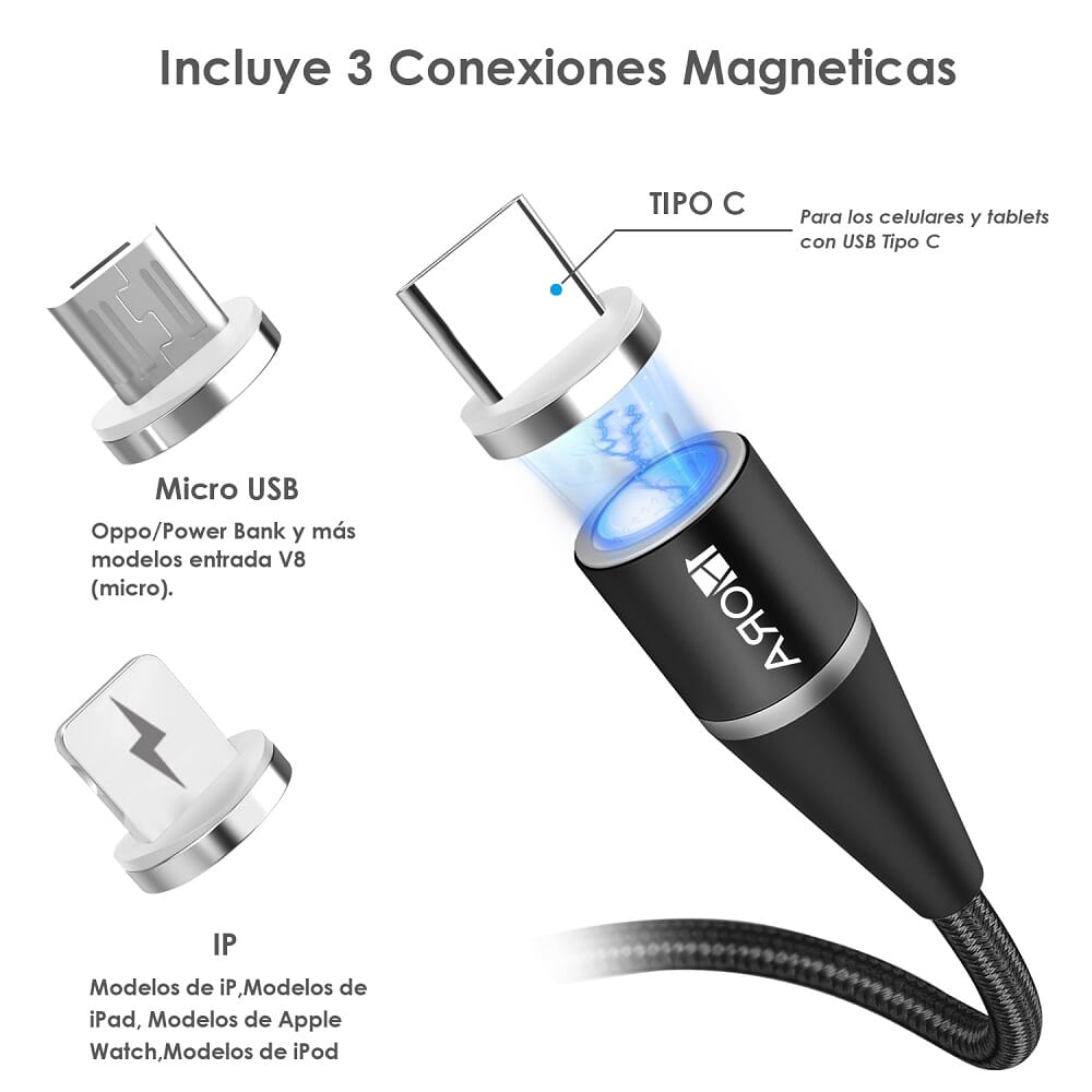 Cable Magnético USB 1Hora 3 Puntas Negro 1 metro Cables Y Adaptadores